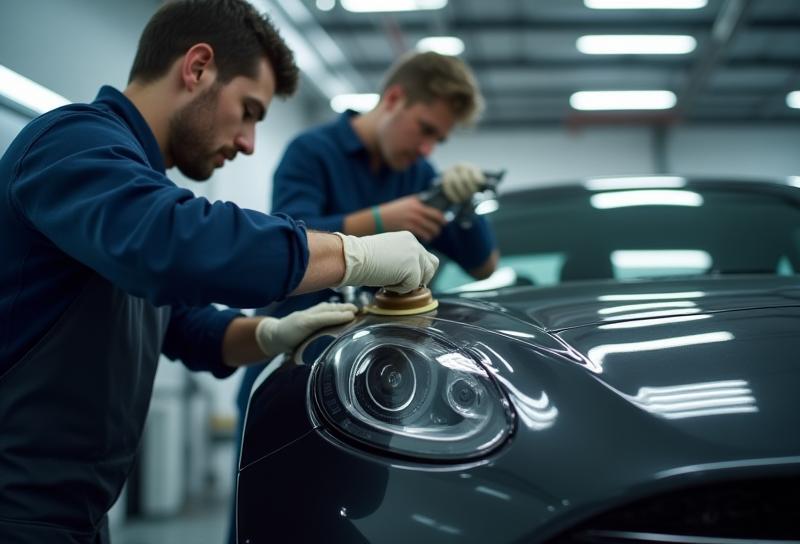 Technicians carefully detailing a car